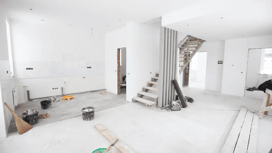 Interior stripped back to bare floors and walls during demolition