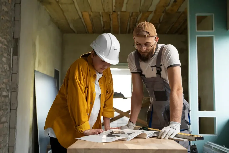 Two members of the build team reviewing project drawings on site
