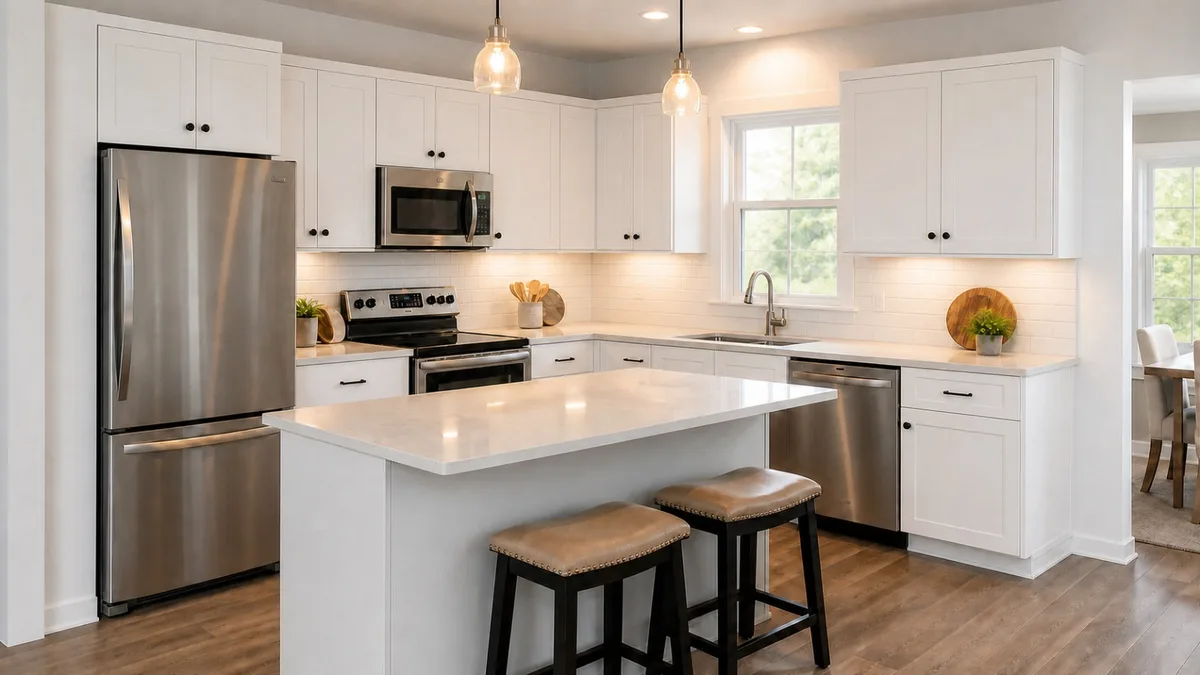 White shaker kitchen with a white quartz island, stainless appliances and black hardware
