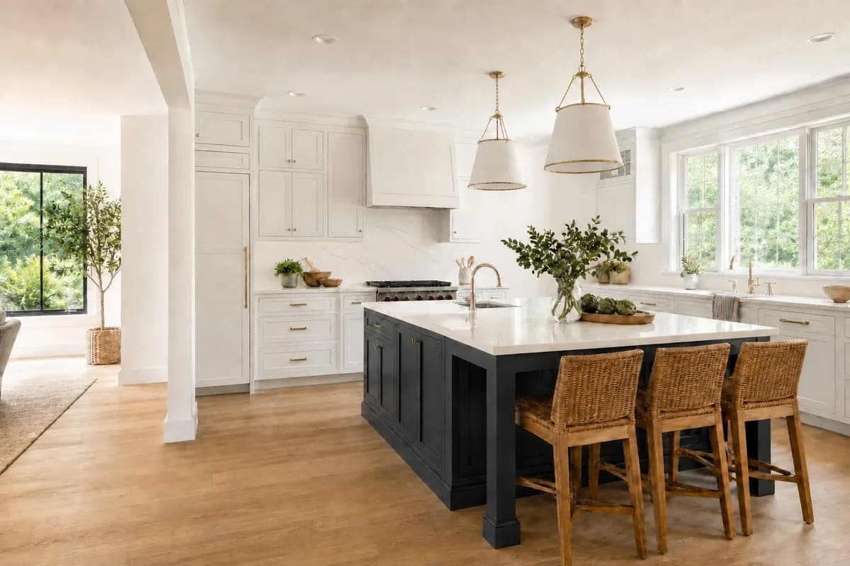 Open-plan kitchen with full-height custom cabinetry, a large charcoal island and woven counter stools