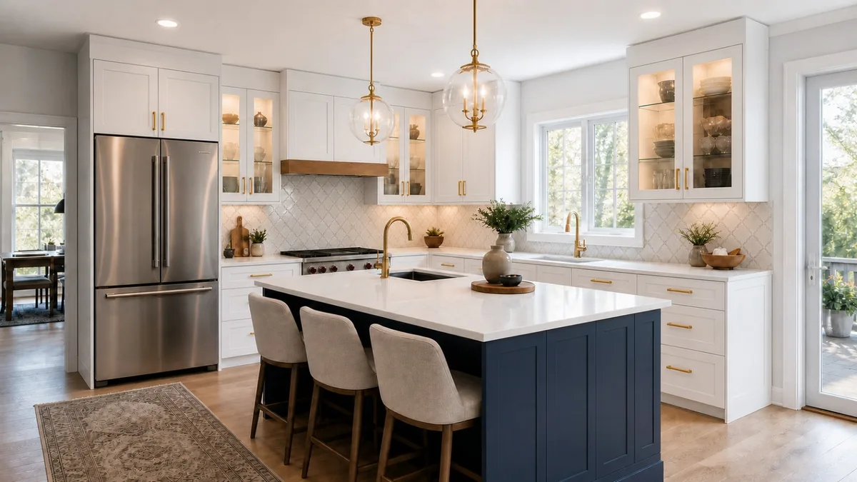 White kitchen with a navy quartz-topped island, brass pendants, arabesque tile backsplash and lit glass-front cabinets